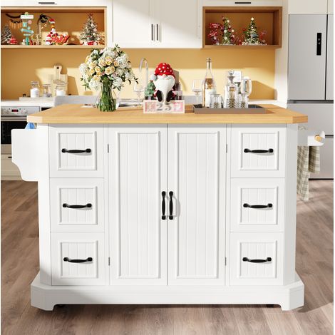 Isla de cocina móvil 120 x 45 x 91 cm con 2 puertas, 6 cajones y ruedas, blanco y negro HAVRYA (1/5)