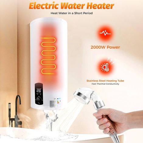 Elektrospeicher Warmwasserspeicher 220V Durchlauferhitzer Boiler Warmwasserbereiter mit Duscheinheit und Schlauch (Weiß, 60L) (1/5)