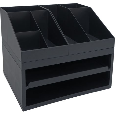 Organizer da scrivania HHG-815, con 3 scomparti con cassetto, portaoggetti da tavolo e portapenne, 29x35x26 cm, nero (1/5)