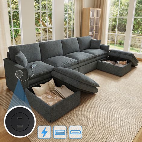 Sofá esquinero modular 277x135x80 cm gris algodón-lino, 2 pufs con almacenaje – MEUBLIV (1/5)