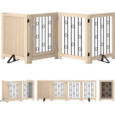 4 Panel Freestanding Pet Gate with Lockable Door,Adjustable Feet and 360° Hinges for Indoor Dog Safety,Oak Finish (1/5)