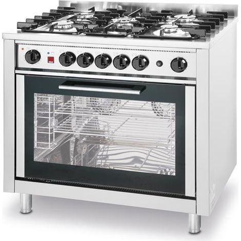 Cuisinière à gaz - 5 feux avec four électrique Kitchen Line Argent 230V/2900W - Hendi