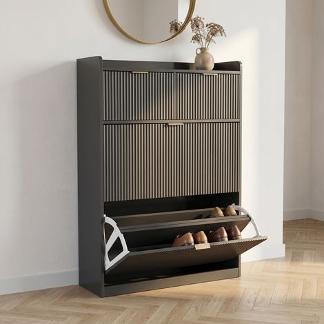 Scarpiera 80x24x110 cm con 2 ante a ribalta e 2 cassetti, salvaspazio, grande capacità, mobile in legno, nero