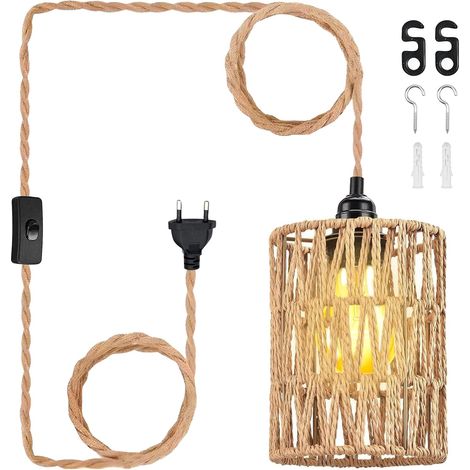 Lampe Suspendue Avec Prise,4,5 M E27 Suspension En Rotin Et Câble, Suspension Luminaire Vintage Pour Cuisine,Balcon,Couloir,Table A Manger,Gazebo,Couloir,Intérieur