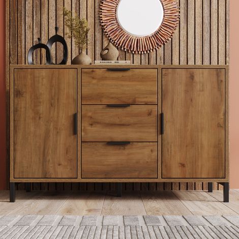 Wishdor – Commode 3 tiroirs et 2 portes – Chêne foncé – Dimensions H76/L120/P40 cm – Cadre métal noir – Rangement modulable