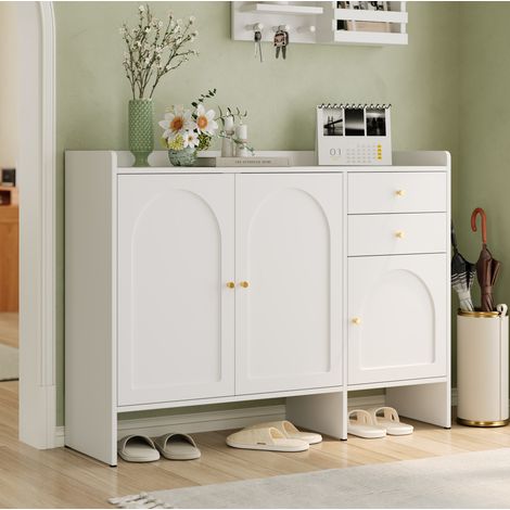 Scarpiera, 120x35x90 cm, bianco, in MDF, con 3 ante, 2 cassetti e dispositivo anti-ribaltamento (1/5)