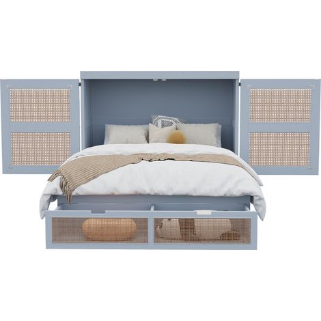 Lit escamotable 140 x 200 cm avec rangement, portes style rotin, tiroirs intégrés et structure bois gris pour chambre compacte et ado, gain de place - CHICFURN (1/5)