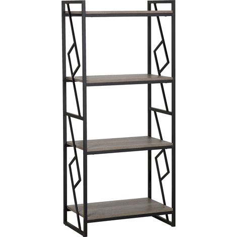 Estantería de 4 baldas con marco de metal negro madera oscura estantes abiertos minimalista industrial Forres (1/5)