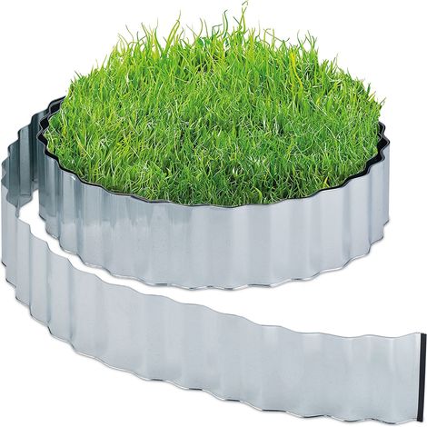 Relaxdays Rasenkante 15m, Beetbegrenzung aus Metall, verzinkt, flexibel, Umrandung f. Beet oder Rasen, 16cm hoch, silber