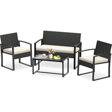 Ensemble salon de jardin 4 pièces rotin PE beige : 2 fauteuils avec accoudoirs, canapé 2 places, table plateau verre trempé, coussins épais déhoussables pour terrasse et balcon (1/5)