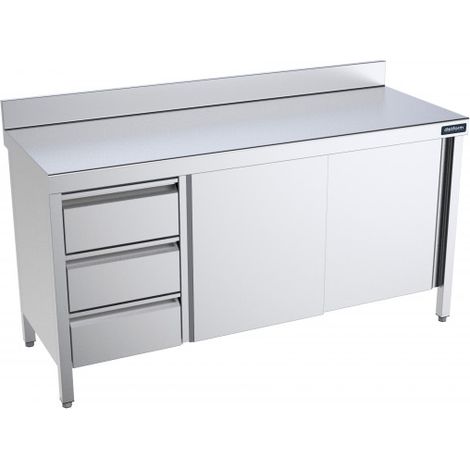 Table Inox murale adossée avec portes coulissantes et tiroirs à gauche - Gamme 700 - Distform