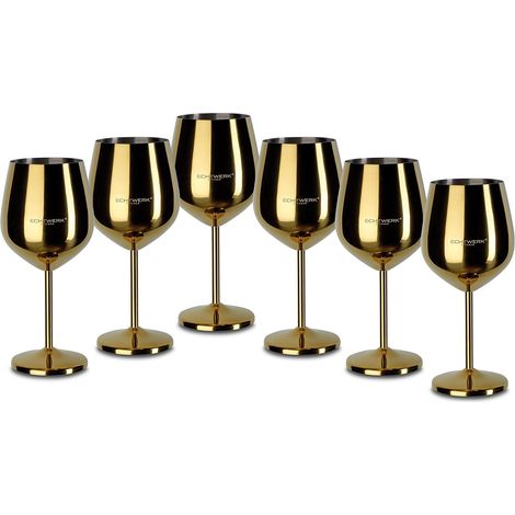 Lot de 6 verres à vin incassables en acier inoxydable - Verres à vin rouge - Verres à cocktail robustes et incassables - Édition Gold - 21 x 7,3 cm - 0,5 l (1/5)