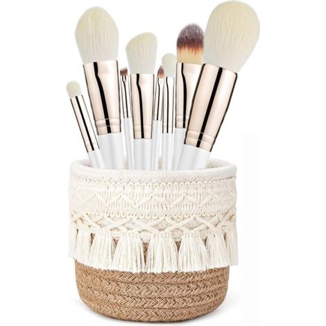 Bardusch-Mini panier bohème (10×10 cm) blanc + kaki, pour pinceaux, crayons ou stylos – décoration tendance bureau/coiffeuse. (1/5)