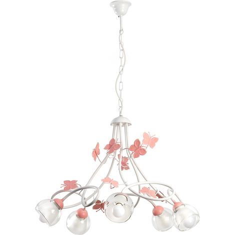 Lustre 5 bras en métal blanc et papillons roses (1/5)