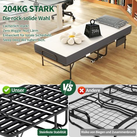 Lit pliant 190x78 cm avec matelas mousse mémoire 9,5 cm, cadre métallique stable, sac de rangement inclus (1/5)