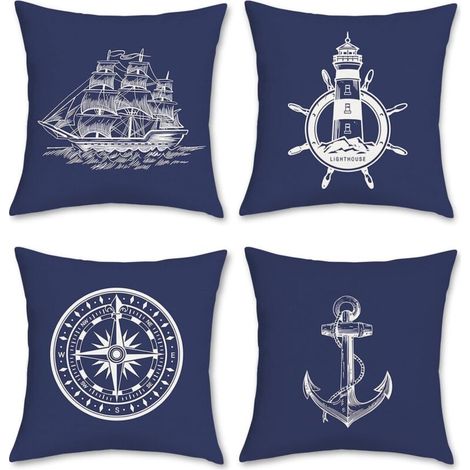 Set di 4 federe per cuscini a tema nautico, 45 x 45 cm, blu navy, con ancora, faro, barca a vela e bussola. Federa decorativa in poliestere e lino. (1/4)