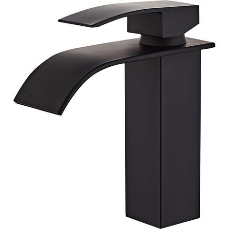 Waterfall Basin Sink Mixer Tap Bathroom Lever Single Handle Leadless Brass Faucet，Tap Bathroom for Cold and  Hot Water,With 2 × G3/8’’ hoses，Black - A (1/5)