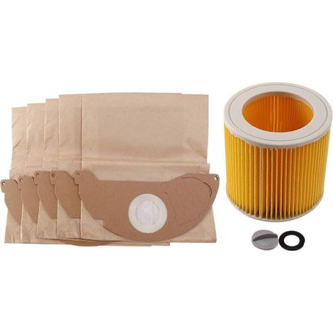 Aspirateur Karcher avec filtre HEPA + 5 sacs en papier, compatible avec WD2250/WD3.200/MV2/MV3/WD3, collecte de poussière haute efficacité. (1/5)