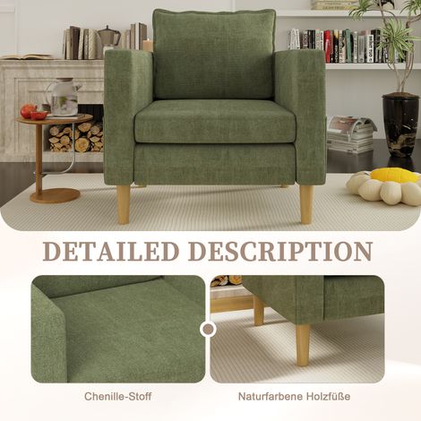 Fauteuil de détente 1 place en chenille vert olive avec coussin confortable et sac de rangement – idéal coin lecture & intérieur nordique (1/4)