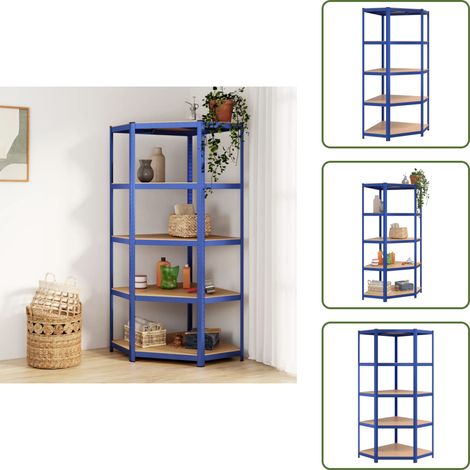 Eckregal mit 5 Böden Blau Stahl & Holzwerkstoff - Eckregal - Industrielles Regal - Metallregal - Lageregel - Werkzeugschrank (1/5)