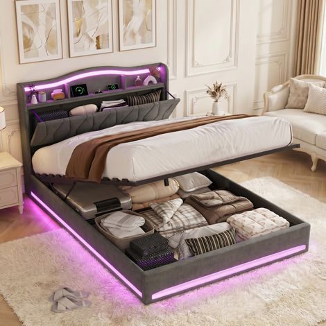 BLANKETSWARM - Lit coffre 160 x 200 cm avec sommier, lit adulte double 160x200 cm - Ports USB et LED réglables - Velours Gris (1/5)