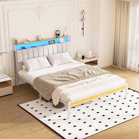 Dewinner – Cadre de lit 140x190cm avec éclairage LED – Base en métal – 1 prise AC et 2 ports USB – Rangement sous le lit 26,5 cm – Moderne beige