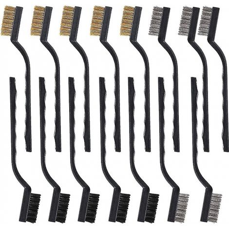 BEBUSINGOTO 15-teiliges Drahtbürsten-Set mit gebogenem Griff aus Edelstahl, Messing und Nylon zum Reinigen von Schweißnähten und Rost, 5 Stück pro Typ