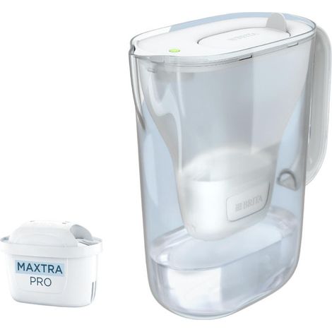 Brita Caraffa filtrante acqua Style Essential White (2.4L) incl. 1 x filtro MAXTRA PRO PURE PERFORMANCE che riduce cloro, calcare, PFAS e metalli - Adatta alla porta del frigorifero, con indicatore LE