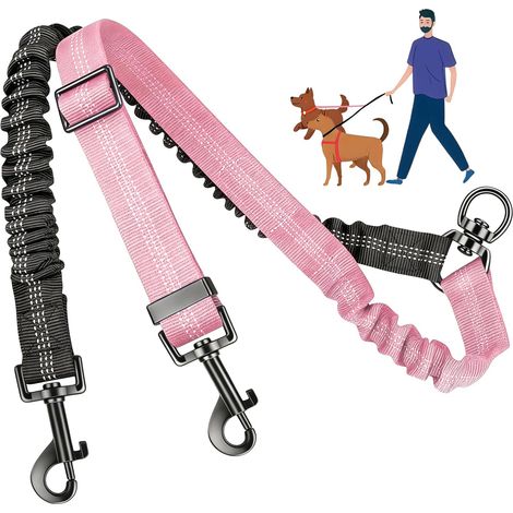 Laisse pour 2 Chiens, Laisse Double pour 2 Chiens, Double Laisse pour 2 Chien, Réglable, Anti-Enchevêtrement, 360° Rotative, Réfléchissante, pour Petite, Moyenne et Grande Taille (Noir+ Rose)