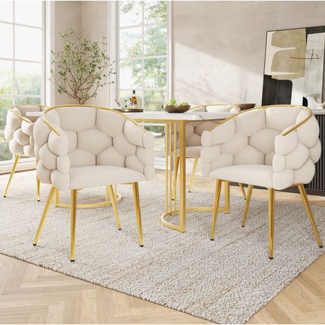 Juego de comedor de 5 piezas (140x80x75 cm), mesa con 4 sillas, estilo moderno, MDF, terciopelo, beige, dorado y blanco (1/5)