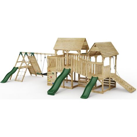 FarmPlay Hayloft and Mini Loft Climbing Frame with Double Swing, Climbing Wall with Deck, Bridge and Slides (1/5)