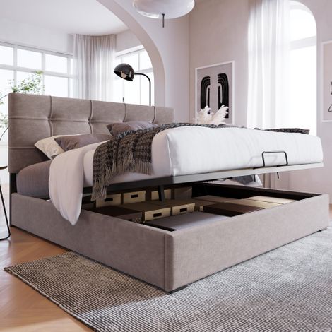Lit double hydraulique capitonné 140x200cm, tête de lit réglable, sommier à lattes et cadre en métal, velours, cadre de lit moderne avec espace de rangement, gris clair