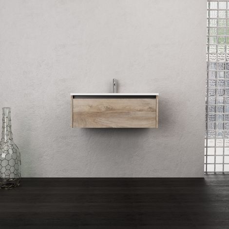 Inda - Badezimmerschrank 1 Schublade B.80 mit mattiertem Waschbecken / Natureiche - Smeraldo