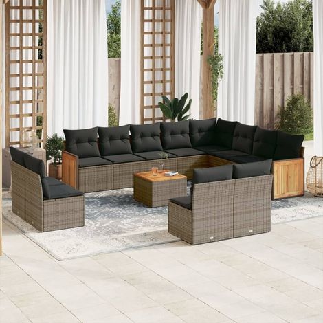 Ensemble salon de jardin 13 pièces gris résine tressée poly rotin avec table acacia et coussins amovibles (1/5)