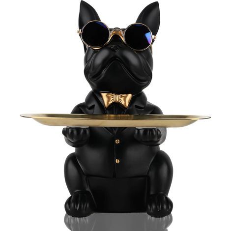 Statue de Plateau de Rangement de Table de Bouledogue Noir en résine, Tirelire de Sculpture de Bouledogue, clés, Bonbons, Plateau de Rangement de Petits Objets pour la décoration intérieure (1/5)