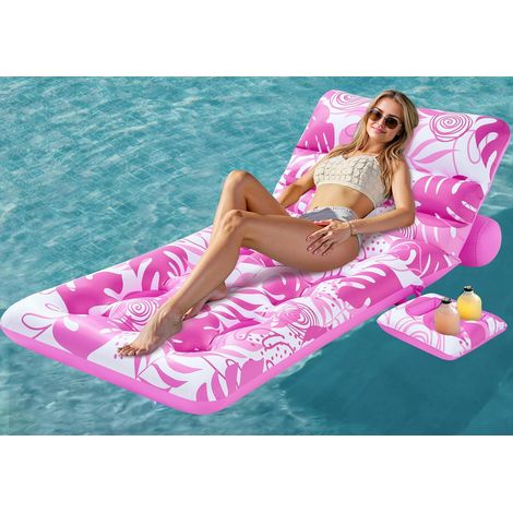 Matelas Gonflable pour Adultes, Transat de Piscine à Motif Feuilles Tropicales avec Dossier Réglable et Porte-Gobelets, Bouée Flottante pour Bronzage, Chaise Flottante pour Piscine, Plage, Lac