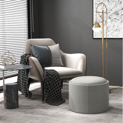 Puf baúl redondo gris de 56 x 42 cm con tapa abatible y almacenamiento (1/5)