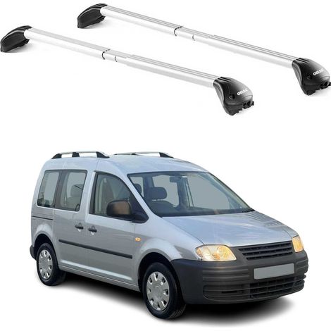 OMAC Barres de toit transversales certifiées TÜV pour VW Caddy III 2003-2020 – Verrouillables (4 antivols) – Charge max 100 kg – Sangle inox + protection caoutchouc Argent (1/4)
