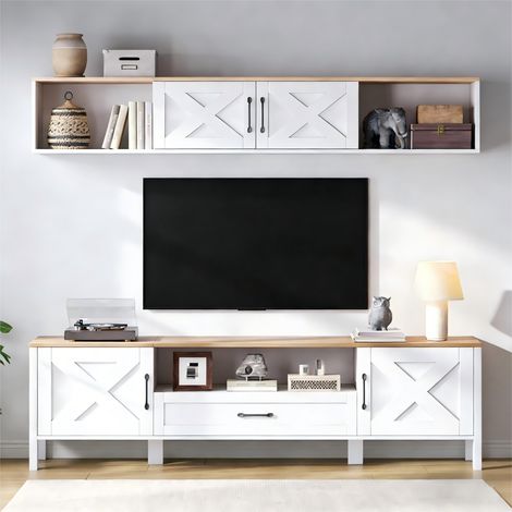Meuble TV mural complet 2 pièces-support TV et vitrine suspendue-4 placards 1 tiroir-pour écran jusqu'à 80 pouces-180x40x50cm