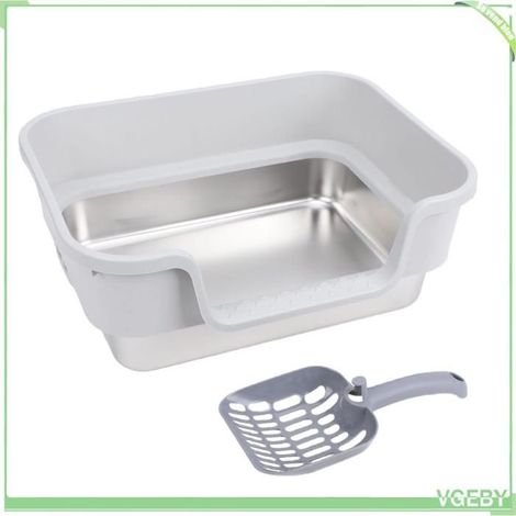 Bac à litière pour chat - FAFEICY - entrée basse - acier inoxydable - gris - spacieux pour grands chats (1/5)