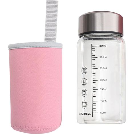 Bouteille d'eau en verre de 350 ml avec marquage de mesure, portable, passe au micro-ondes pour les journées chaudes, bouteille d'eau portable en verre (1/5)