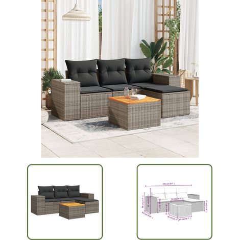 The Living Store Salon de jardin 5 pcs avec coussins gris résine tressée - Ensemble Salon De Jardin - Meuble Extérieur - Résine Tressée - Rotin Synthétique - Mobilier De Jardin (1/3)