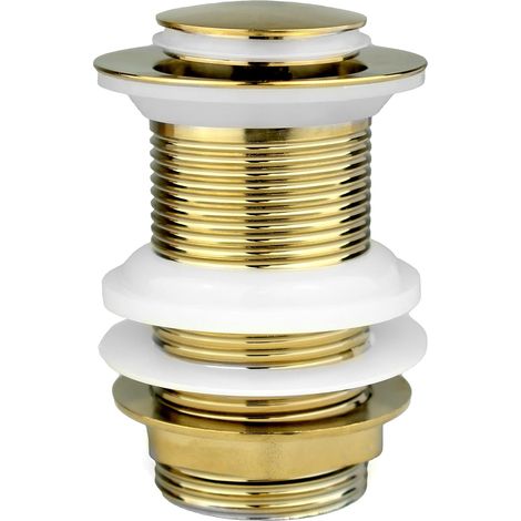 1x vergoldeter, schlitzloser Click-Clack-Waschbeckenabflussstopfen (7 x 7 x 8 cm)  Standardanschluss G 1 x 1/4" BSP  Hochwertiger Messing-Waschbeckenabflussstopfen mit Druckknopf