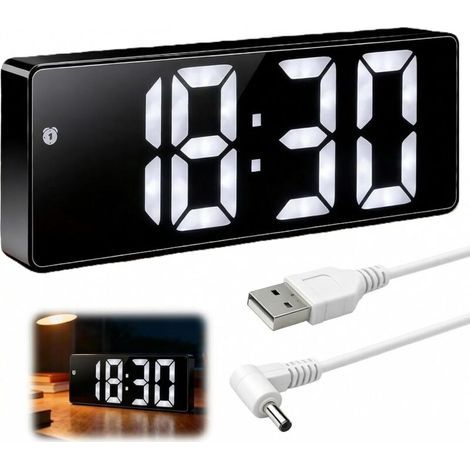 Réveil Numérique avec Câble USB, Horloge Digitale LED avec Gros Chiffres, Reveil Digital 12 / 24H avec Température Date Alarme Luminosité Réglable (Blanc) (1/5)