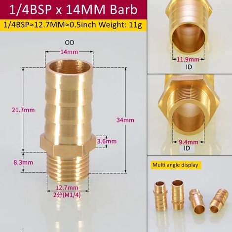 Raccord de tuyauterie en laiton (1l4BSP 14 mm Barb-CN) 6/8/Tuyau, embout cannelé BSP mâle, connecteur, joint, coupleur en cuivre, adaptateur (1/5)