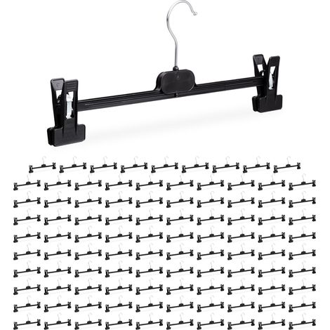 100 Grucce per Gonne e Pantaloni, Set da 10, Pinze Scorrevoli, Gancio Girevole, HxLxP 14 x 36 x 3 cm, Nero