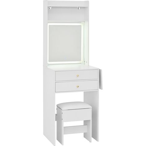 Tocador compacto blanco con LED regulable, 2 cajones, 2 huecos abiertos y taburete incluido (1/5)