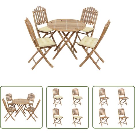 The Living Store Ensemble à manger d'extérieur pliable 5pcs avec coussins Bambou - Meubles De Jardin - Salon De Jardin - Mobilier Extérieur - Set De Jardin - Ensemble De Salle À Manger (1/5)