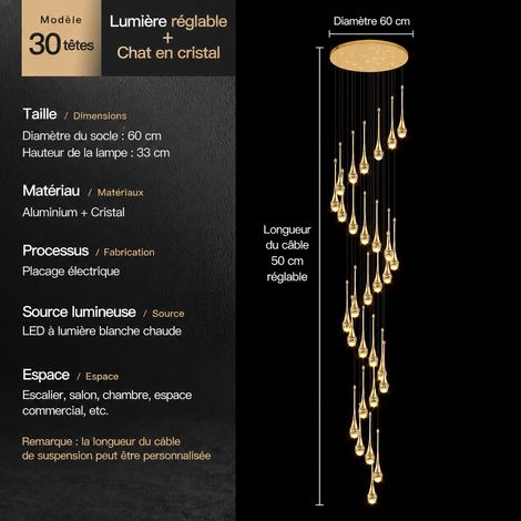 Lustre cristal Modèle taille de guêpe 30 têtes - version spirale - gradation continue, escalier duplex, 1 kg – Livraison gratuite