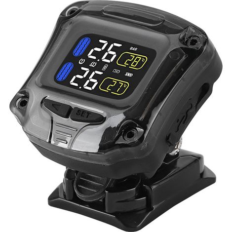 Pneu Moto TPMS avec 2 capteurs externes, surveillance pression en temps réel, compatible moto et scooter, alerte fuite, affichage digital, étanche IP67. (1/5)